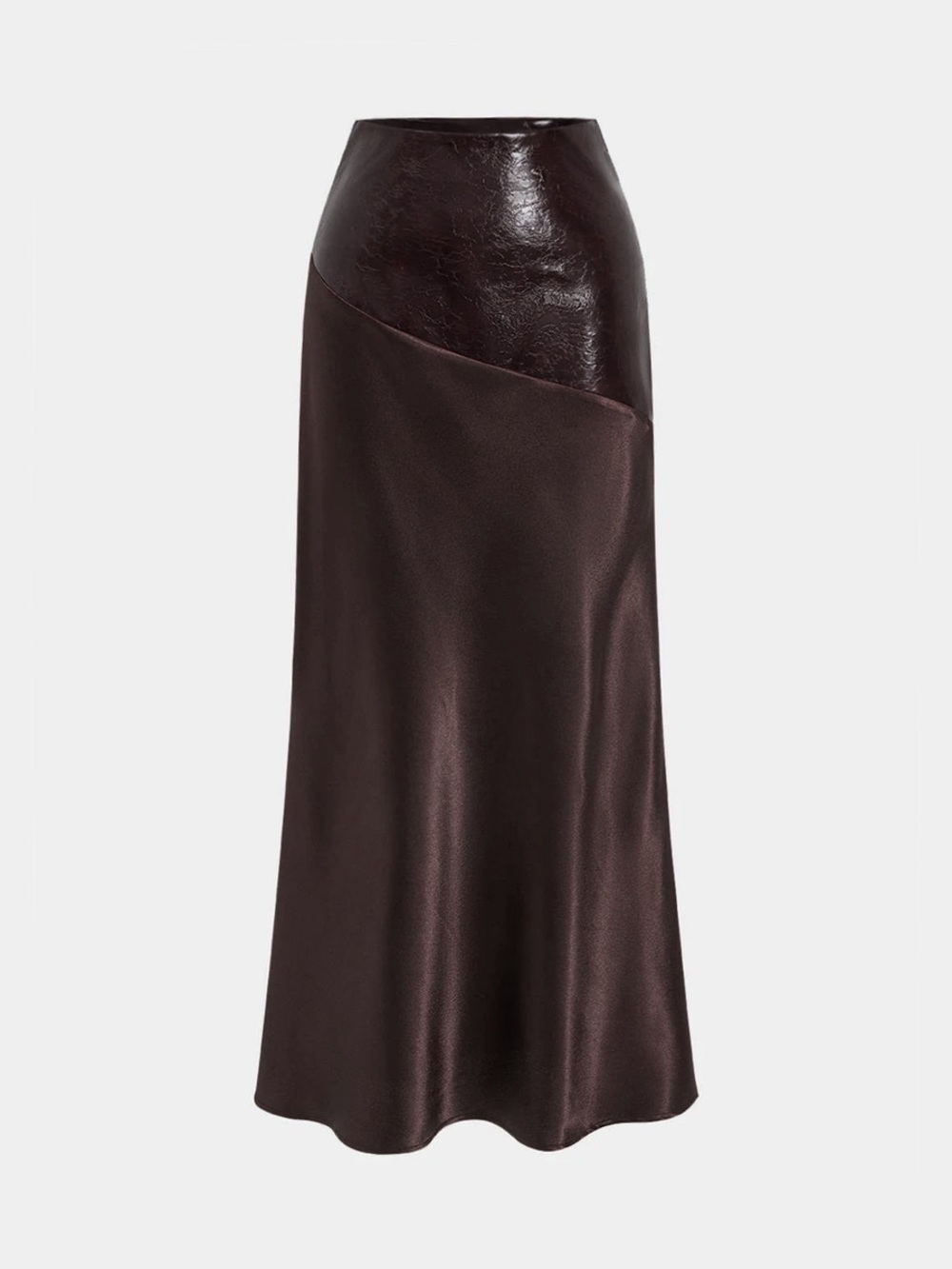 Commense Faux Leather Panel Asymmetric Satin Maxi Skirt BROWN